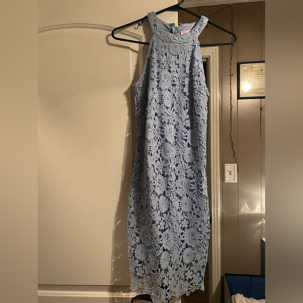 Pink Lily Light Blue Lace Halter Dress - Scalloped Neckline